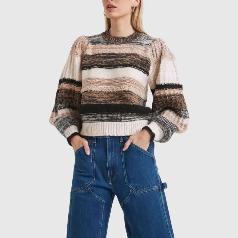 Ulla Johnson Samara Pullover Striped Balloon Sleeve Wool Alpaca Sweater Natural